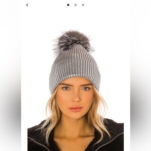 Adrienne Landau Silver Metallic Beanie with Gray Pom